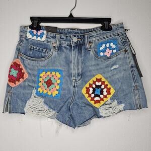 Blank NYC Blue Jean Shorts with Colorful Crochet Patches